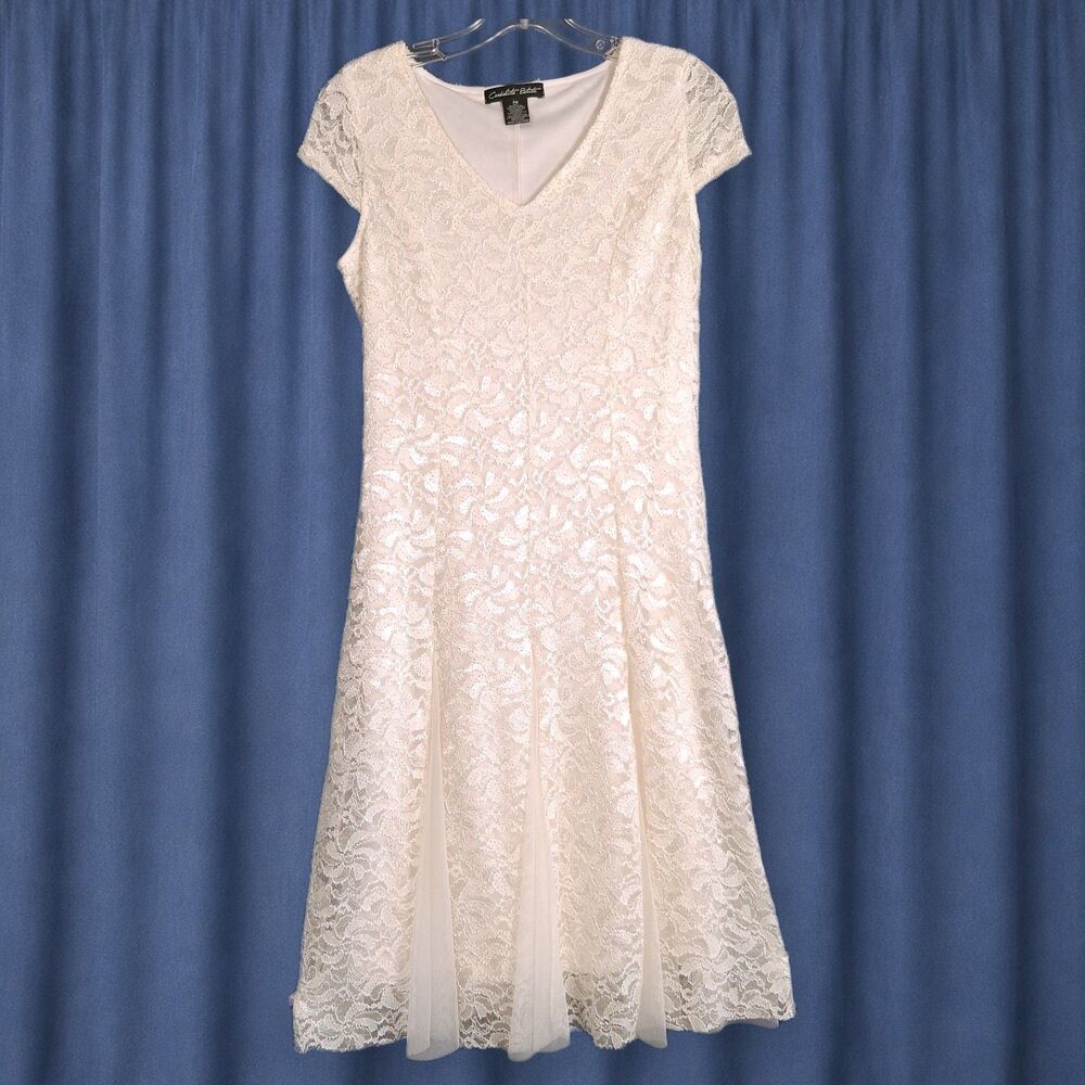 Candalite Petites Ivory Lace Cap Sleeve V-Neck Fit & Flare Dress Size MP